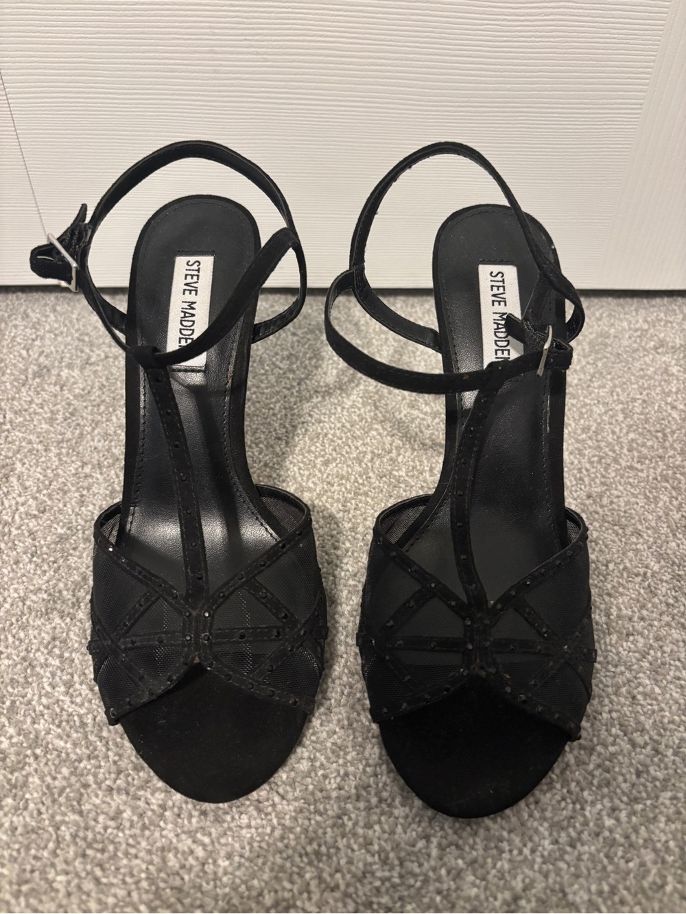 Steve Madden Pluuto Black Beaded T-Strap Heels, NWOT